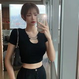 GORUNRUN-Sexy Streetwear Hollow Out Short Tshirts Solid Chains Crop Tops Tees Y2k Women Harajuku Camisetas High Waist Slim Summer