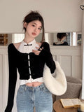 GORUNRUN-New Chinese Style Sweaters Elegant Tees Short Fake Two Piece Knitted Tops Tshirts Y2k Off Shoulder Women Patchwork Camisetas