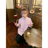 GORUNRUN-Harajuku Striped Shirts Women Pink Oversized Embroidery Long Sleeve Blouses Streetwear Korean Pocket Single-Breasted Casual Tops