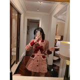 Gorunrun-hoco dresses -hoco dresses -Vintage Tweed Mini Dress Women Houndstooth Bow A Line Dresses Sweet Korean Elegant Party Red Plaid Patchwork Bodycon Vestidos