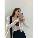 GORUNRUN-Cropped White Sun Proof Shirts Women V Neck Long Sleeve Blouses Korean Black Crop Sun Protection Tops Summer Cardigan Clothing