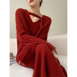 GORUNRUN-S-3Xl Elegant Knitted Midi Dress Women Vintage V Neck Sweater Dresses Autumn Winter Korean Solid Plus Size All Match Vestidos