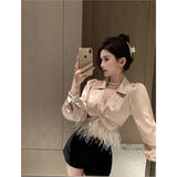 GORUNRUN-Elegant Criss Cross Shirts Women Sexy Tassel Patchwork Crop Tops Korean Fashion Black Simple Long Sleeve Slim Chic Blouses New