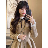 Gorunrun-hoco dresses -hoco dresses -Vintage Sweet A Line Mini Dress Women Preppy Bow Ruffles One Piece Dresses Korean Elegant Single Breasted Slim Vestidos Autumn