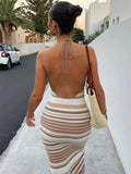 GORUNRUN Striped Knit Bandage Dress Female Backless Casual Beach Holiday V-Neck Slim High Waist Contrast Maxi Dress Women Clothes