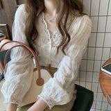 GORUNRUN-Elegant Shirts Women Lace Patchwork Long Sleeve Blouses Spring Streetwear Korean Fashion V Neck Casual All Match Chic Tops New