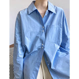 GORUNRUN-Casual Simple Blue Oversized Shirt Blue White Slouchy Loose Silhouette Blouse