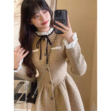 Gorunrun-hoco dresses -hoco dresses -Vintage Sweet A Line Mini Dress Women Preppy Bow Ruffles One Piece Dresses Korean Elegant Single Breasted Slim Vestidos Autumn