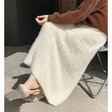 GORUNRUN-Streetwear Knitted Midi Skirt Women Elegant Faux Mink Fur A Line Skirts Autumn Winter Korean High Waist Slim All Match Skirt New