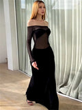 GORUNRUN Mesh See-Through Slim Maxi Dress For Women Patchwork Pleated Sexy Off-Shoulder Summer Dress Long Sleeve Elegant Dress 2024