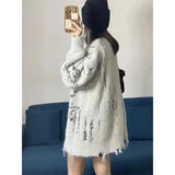 GORUNRUN-Y2K Knitted Cardigan Women Harajuku Oversized Print Sweater Coat Streetwear V Neck Zipper Knitwear Korean Casual Jumpers Tops