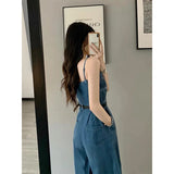 GORUNRUN-Denim Overalls Women Belt Wide Leg Jumpsuits Streetwear Korean Suspender Pants High Waist Sleeveless Strap Jeans Trousers New