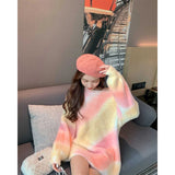 GORUNRUN-Sweet Tie Dye Rainbow Sweater Women Faux Mink Cashmere Knitted Pullovers Streetwear Oversized Knitwear Korean Casual Jumper Tops