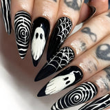 Gorunrun-Halloween Nails 24Pcs Halloween Press on Nail Ghost Water Drop False Nail Threaded Personalized Ghost Face Fake Nails For Women and Girl