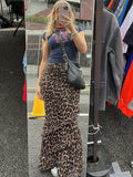 GORUNRUN Leopard Printed Ruffled Maxi Skirt Female High Waist Slim Fashion Mesh Patchwork Streetwear Summer Women's Long Skirt 2024