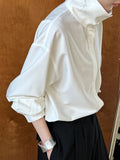 Gorunrun- Women White Brief Elegant Big Size Blouse New Stand Collar Long Sleeve Shirt Fashion Tide Spring Autumn