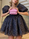 GORUNRUN-French court style super fairy rainbow color sweet square neck puff sleeve fluffy dress organza mini princess dress