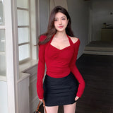 Gorunrun-French Niche Neckline Tucked Slim Fit Long Sleeved Top Seasonal New Sexy Sweet Spicy Style Long Sleeved Women JF23467GN