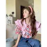 GORUNRUN-Vintage Sweet Floral Shirts Women Korean Print Puff Short Sleeve Blouses Summer Japanese Kawaii Peter Pan Collar Chic Tops New