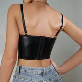 GORUNRUN-Black Leather Corset Aesthetic Woman Clothes Sexy Halter Bustier Vest with Buckle Slim Fit Motorcycle Tank Top Lingerie Camisole