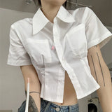 GORUNRUN-White Shirts Women Preppy Slim Crop Tops Student Summer Korean Fashion Short Sleeve Basic Turn Down Collar All Match Blouses New