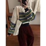 GORUNRUN-Vintage Cropped Striped Sweater Women Patchwork Knitted Pullovers Streetwear Harajuku Short Knitwear Korean Casual Jumper Tops