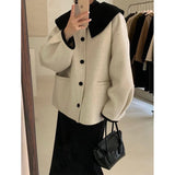 GORUNRUN-Elegant Wool Blends Coats Women Korean Cropped Woolen Overcoat Sweet Peter Pan Collar Short Jackets Streetwear Casual Outwear