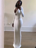 GORUNRUN V-Neck High Waist Slim Maxi Dress Female Solid Bandage Elegant Fashion Long Sleeve Sexy Party Dress Summer Long Dress 2024