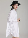 Gorunrun- Women White Black Side Flower Big Size Long Blouse New Lapel Long Sleeve Shirt Fashion Tide Spring Autumn