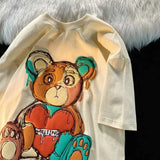 GORUNRUN Pure Cotton Retro Graffiti Teddy Bear Printed Short Sleeved T-shirt for Male and Female Summer Trendy Couple Loose Casual Top