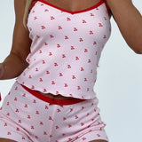 GORUNRUN Women's Y2K Kawaii 2 Piece Bow Knot Pajama Set Cherry Print Camisoles +Elastic Waist Shorts Loungewear Soft Sleepwear