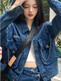 GORUNRUN-Streetwear Blue Cowboy Tops Coat Asymmetrical Design Lace Up Denim Mini Skirt Autumn Three Piece Sets Womens Outfits