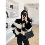 GORUNRUN-Elegant Cropped Fur Coat Women Black White Patchwork Fluffy Jacket Korean Party Furry Short Outwear Winter Warm Plush Overcoat