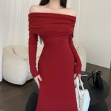 Gorunrun-Dressmecb Off Shoulder Party Dress Women Clothing Sexy Club Backless Ruched Bodycon Dresses Long Sleeves Autumn Vestidos YY22379