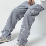 Men's Stylish Cross Patch Street Jeans Hip Hop Streetwear Straight Loose Vintage High Street Man Baggy Denim Wide Leg Trousers