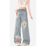 GORUNRUN-Y2K Style Light Blue Cartoon Graffiti Printed Jeans For Women Loose Fitting Straight Leg Pants Streetwear Women Versatile Slouchy Jeans