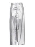 GORUNRUN Silvery Slim High Split Long Skirt Women Patchwork Pocket High Waist Fashion Solid Maxi Skirt Metallic Female Long Skirt