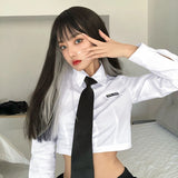 GORUNRUN-Cropped White Shirts Women Japanese Jk Tie Long Sleeve Blouses Harajuku Preppy Korean Fashion Slim All Match Sexy Crop Tops New