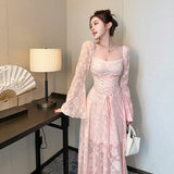 Gorunrun-Elegant Flare Sleeve Mermaid Long Dress Spring Summer Slim Wedding Runway Party Women Vintage Elegant Clothing