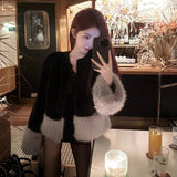 GORUNRUN-Black Faux Fur Coat Women Vintage Patchwork Cropped Fluffy Jacket Elegant Party Short Furry Outwear Winter Korean Plush Overcoat