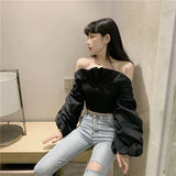 GORUNRUN-Sexy Slash Neck Shirts Women Elegant White Ruffles Puff Long Sleeve Blouses Office Ladies Korean Fashion Black Slim Crop Tops