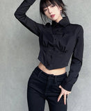 GORUNRUN- Autumn Y2K Sexy Long Sleeve Folds Women Shirt Street Gothic Button Ladies Crop Top Club Female Clothing Blouse Tops