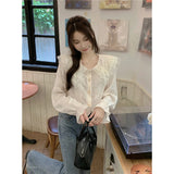 GORUNRUN-Elegant Lace Shirts Women Sweet Ruffles Flare Long Sleeve Blouses Korean Fashion Peter Pan Collar Single Breasted Casual Tops