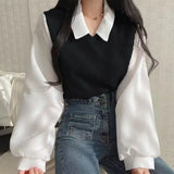 Gorunrun-False Two-piece Polo Collar Women's Blouse Spring Casual Korean Shirt Y2k Tops Streetwear Loose Female Pullovers Elegant Blouses