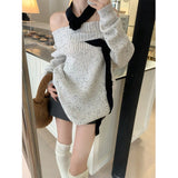 GORUNRUN-Y2K Slash Neck Sweater Women Halter Patchwork Knitted Pullovers Streetwear Korean Off Shoulder Knitwear Elegant Casual Jumpers