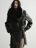 Gorunrun- Dark Brown Leather Faux Fur Big Size Thick Warm Jacket New Lapel Long Sleeve Women Coat Fashion Autumn Winter