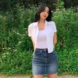 GORUNRUN-White Basic Shirts Women Preppy Short Sleeve Slim Blouses Student Streetwear Korean Sexy Crop Tops Office Lady Casual Work Wear