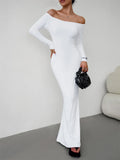 GORUNRUN White Slim Fashion Maxi Dress For Women Backless Elegant Long Sleeve Party Dress Gown Off-Shoulder Solid Summer Dress