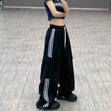 GORUNRUN Y2K Striped Cargo Pants Women Hip Hop Streetwear Sweatpants Baggy Joggers Bf High Waist Loose Drawstring Wide Leg Trousers