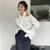 GORUNRUN-Y2K White Shirts Women Streetwear Sexy Halter Hollow Out Long Sleeve Blouse Korean Office Lady Elegant Off Shoulder Casual Tops